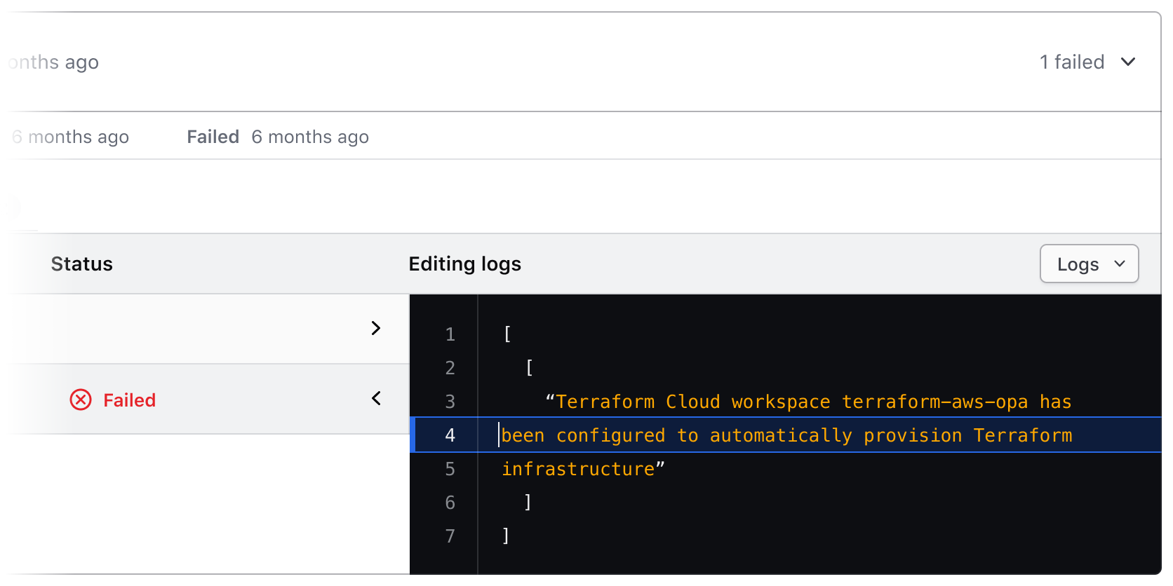Code Editor embedded inside of a logs UI, where the corners are squared to fit within container.