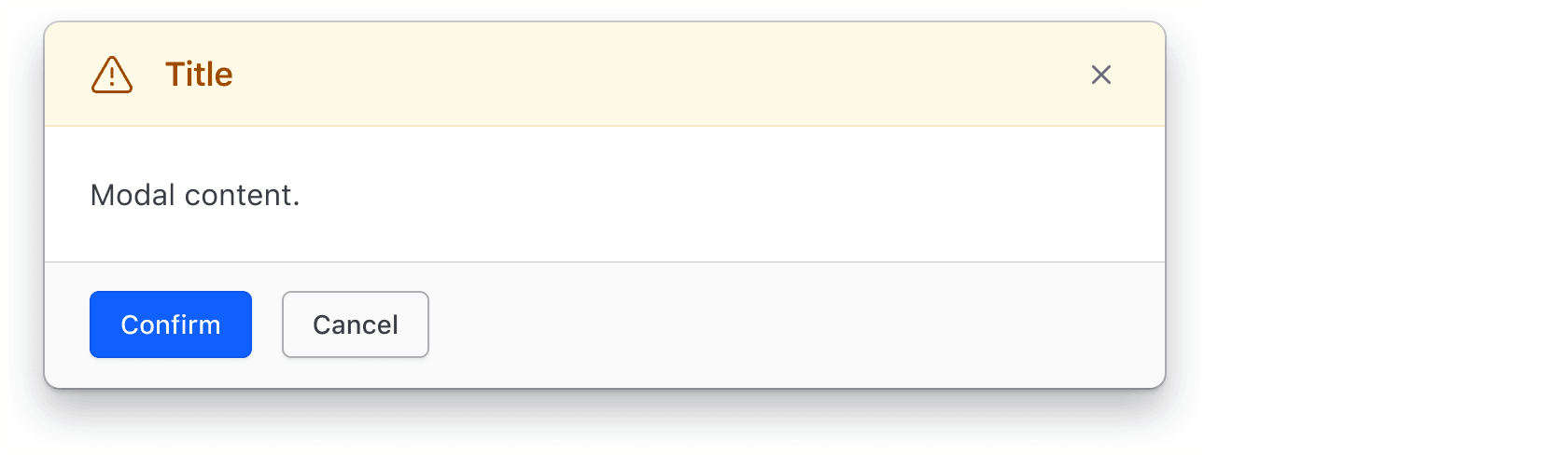 A warning modal, the heading is dark orange with a light orange background and the primary button in the footer is the standard blue.